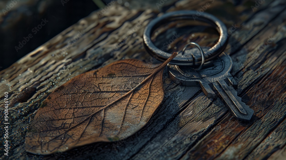 Rustic cabin key with leaf keychain. Leaf shaped key Rustic cabin key with leaf keychain. Leaf shaped key