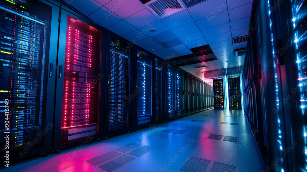 A modern server room with advanced cooling systems and LED indicators A modern server room with advanced cooling systems and LED indicators