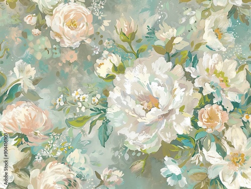 A classic painting of white roses with a green background