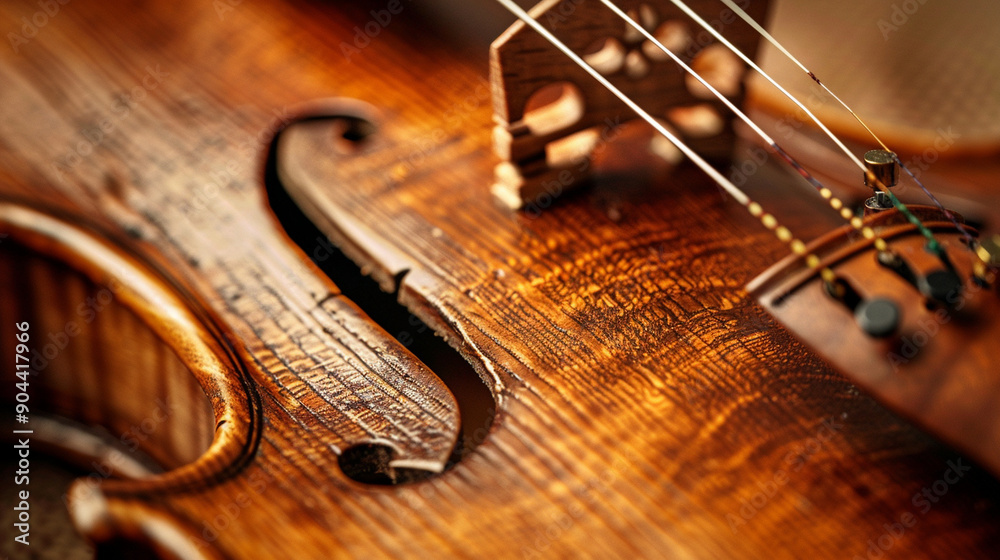 Close-up of a violin with abstract, detailed wood grain and fine craftsmanship Close-up of a violin with abstract, detailed wood grain and fine craftsmanship