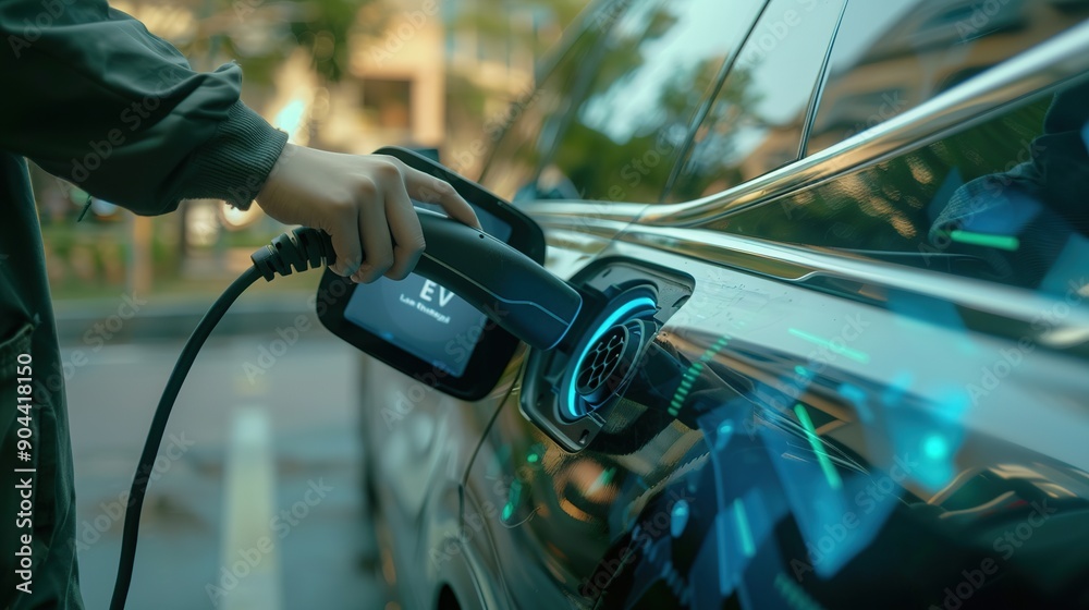 Hand insert EV charger plug into electric vehicle to recharge EV car, battery status display on smartphone EV application. Future alternative clean and sustainable energy for transportation. Perpetual Hand insert EV charger plug into electric vehicle to recharge EV car, battery status display on smartphone EV application. Future alternative clean and sustainable energy for transportation. Perpetual