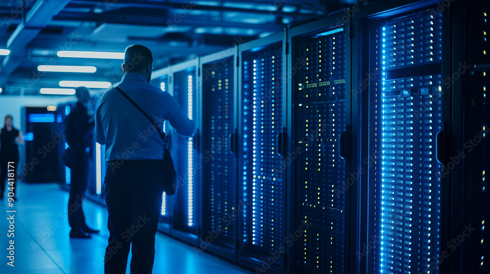 Technicians monitoring systems in a modern server room with advanced equipment Technicians monitoring systems in a modern server room with advanced equipment