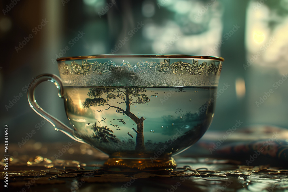 Fototapeta premium Surreal photo of a miniature natural scene in a glass cup. Magical nature world in a glass teacup. Tree and lake in a mug standing on a table.