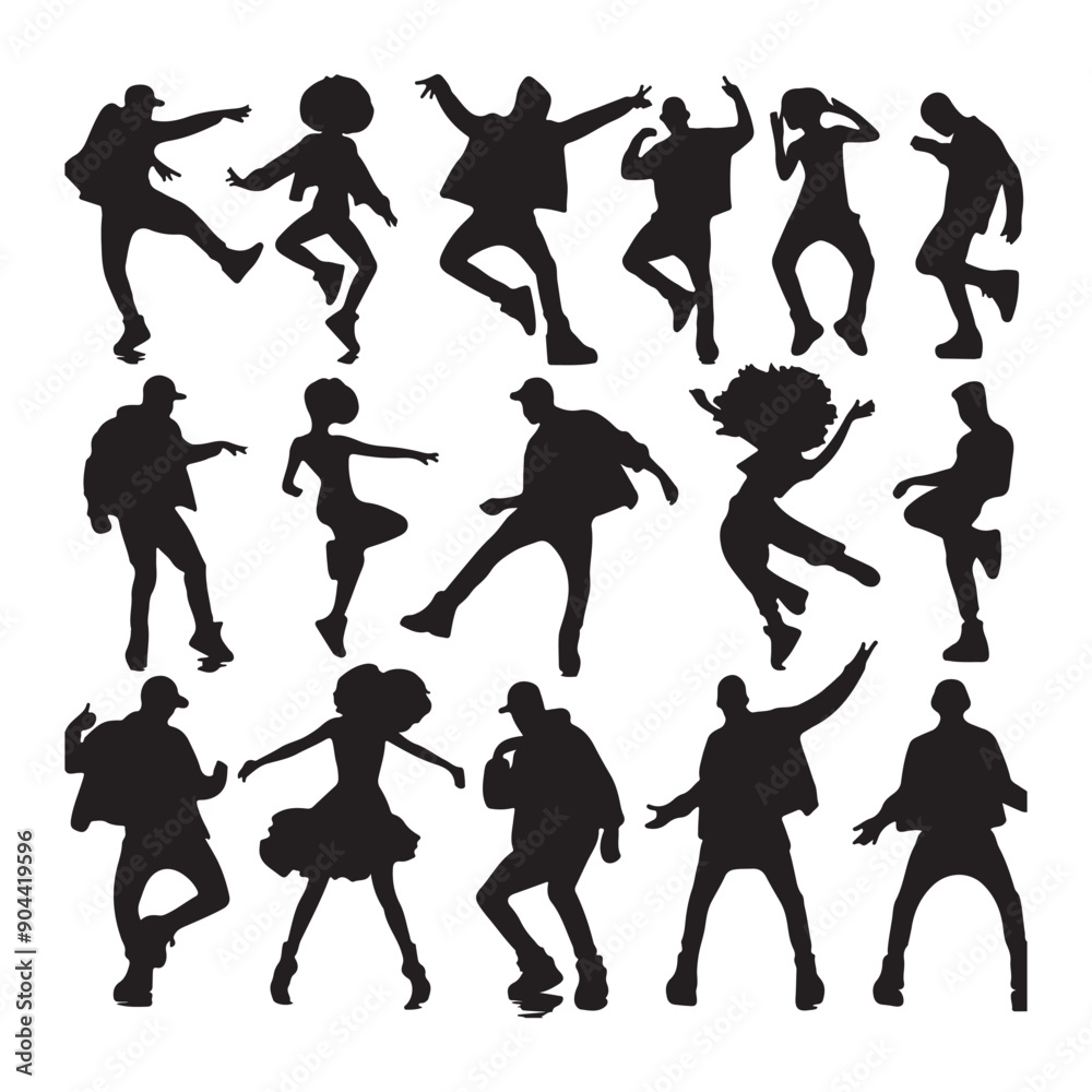 A set of black men and women street dance hip hop dancers in silhouette with white background A set of black men and women street dance hip hop dancers in silhouette with white background