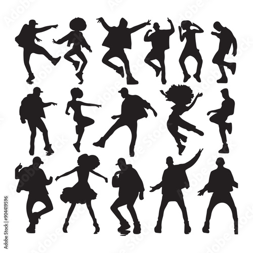 A set of black men and women street dance hip hop dancers in silhouette with white background