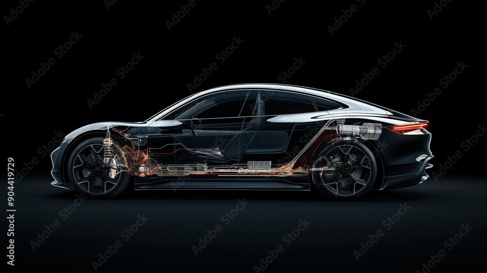 Side view of an electric car showcasing internal components, electrical systems, and battery layout with a transparent overlay Side view of an electric car showcasing internal components, electrical systems, and battery layout with a transparent overlay