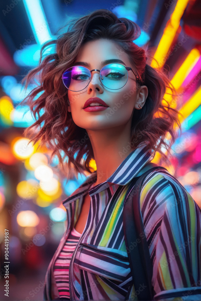 Bold and vibrant portrait of modern woman. A confident woman with unique eyewear stands out against a backdrop of neon stripes, creating a dynamic and eye-catching image. generative AI Bold and vibrant portrait of modern woman. A confident woman with unique eyewear stands out against a backdrop of neon stripes, creating a dynamic and eye-catching image. generative AI