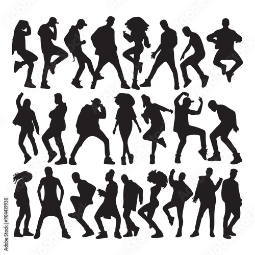 A set of black men and women street dance hip hop dancers in silhouette with white background