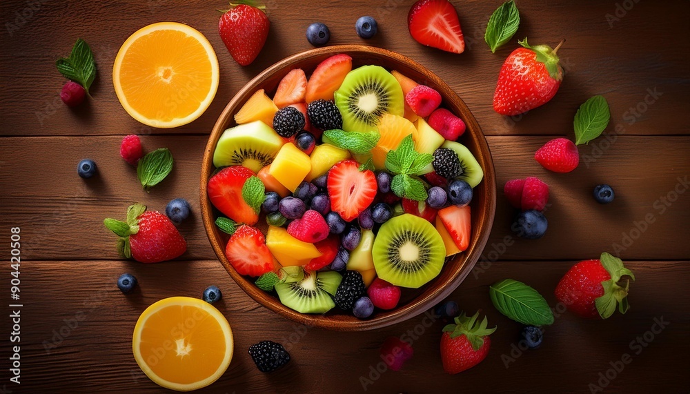 fruit salad on brown wooden table seen from above fruit salad on brown wooden table seen from above