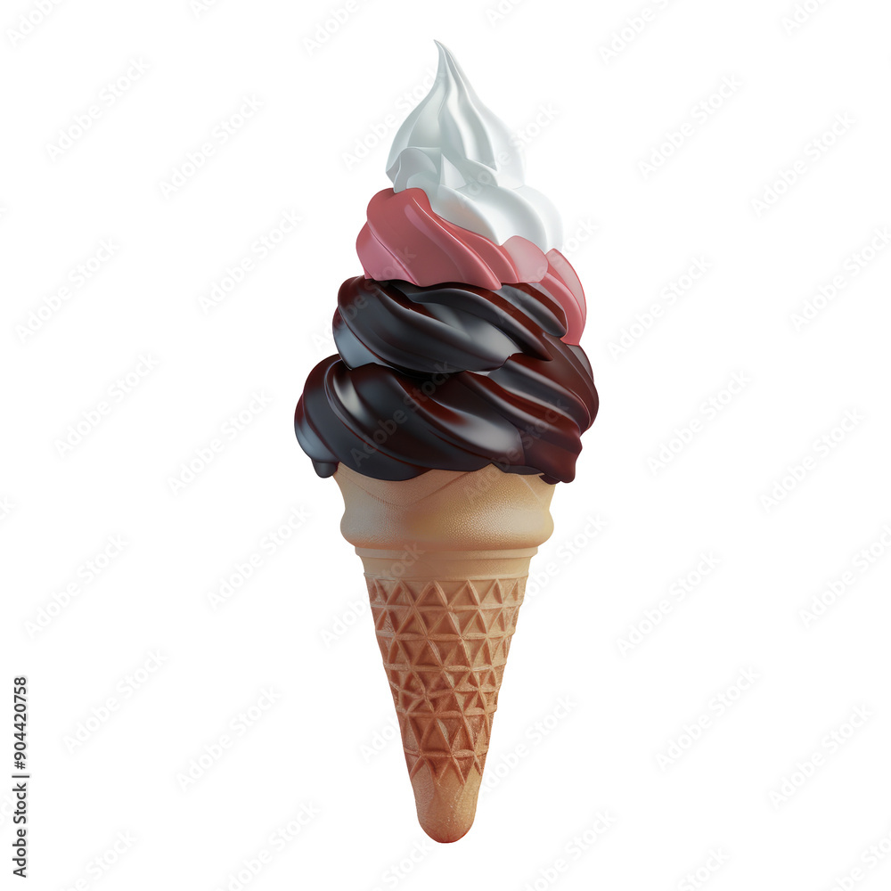 Ice cream cone with chocolate, vanilla, and strawberry flavors on a transparent background.