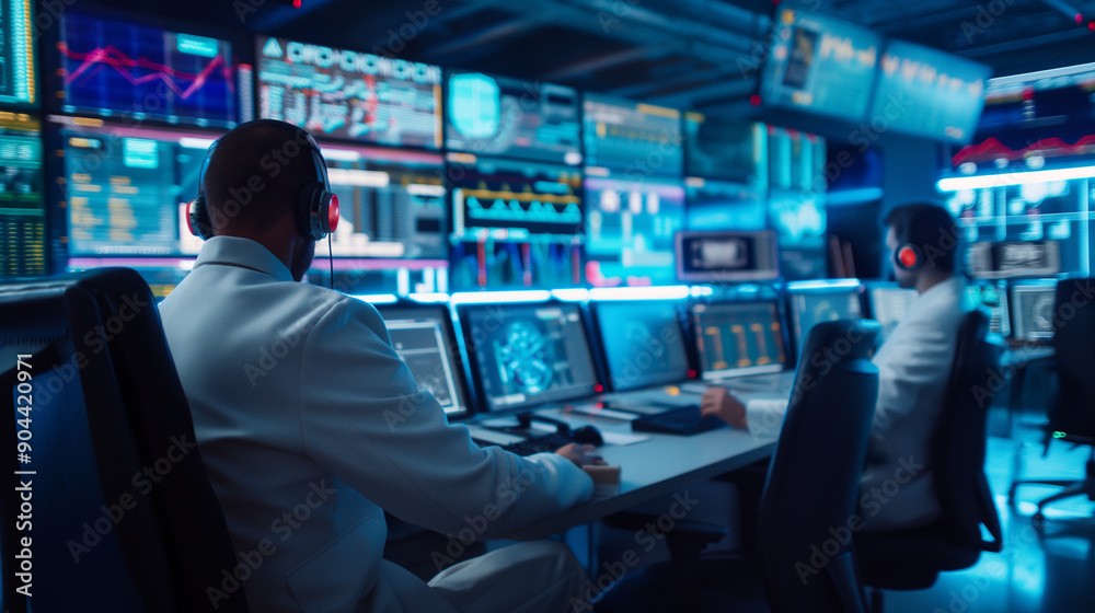 Engineers in a control room overseeing the operations of a nuclear power plant