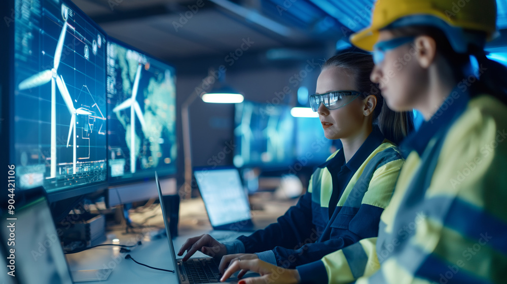 Workers in a control room managing the operations of a wind farm Workers in a control room managing the operations of a wind farm