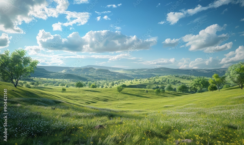 Obraz premium Scenic countryside landscape with rolling hills, pastoral charm