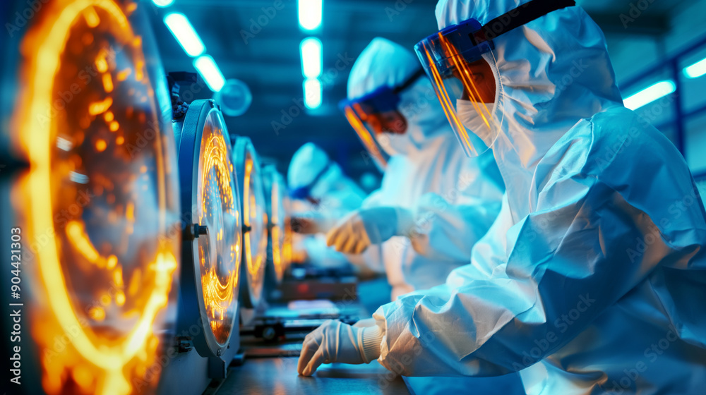 Workers in protective suits maintaining the safety systems of a nuclear reactor