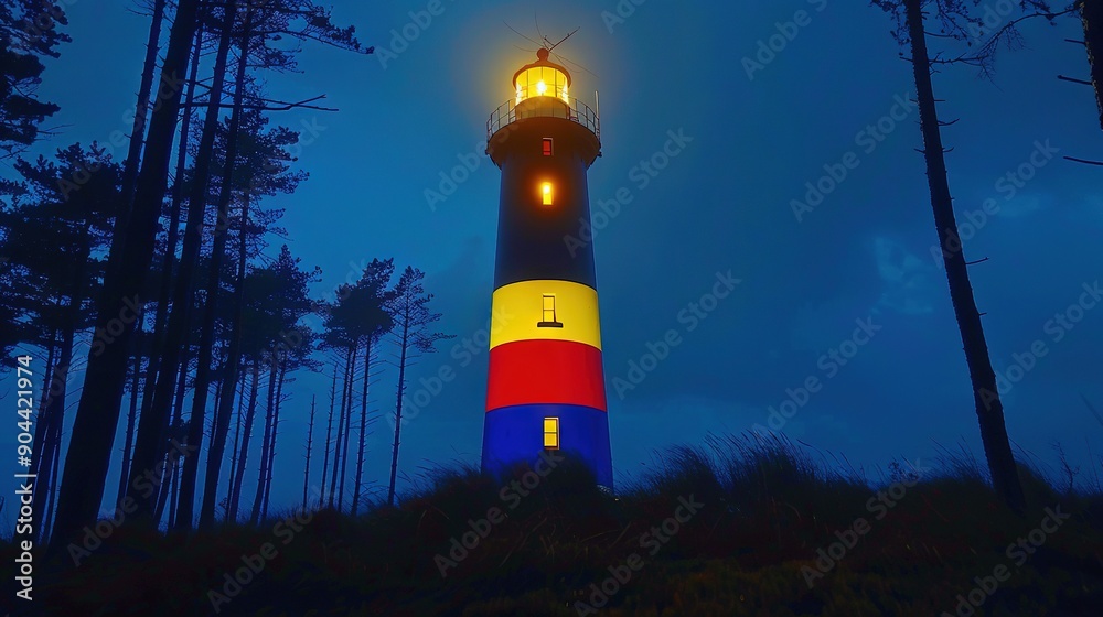 A lighthouse painted red, yellow, and blue stands tall amidst a dark forest at night beneath a radiant full moon A lighthouse painted red, yellow, and blue stands tall amidst a dark forest at night beneath a radiant full moon