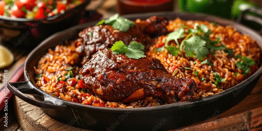 A close-up view of a vibrant Mexican meal, featuring crispy rice, tender meat and a garnish of cilantro. A close-up view of a vibrant Mexican meal, featuring crispy rice, tender meat and a garnish of cilantro.