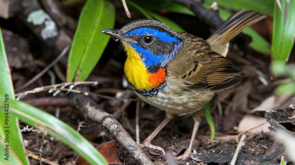 Small blue and yellow hummingbird perched among green foliage. Small blue and yellow hummingbird perched among green foliage.