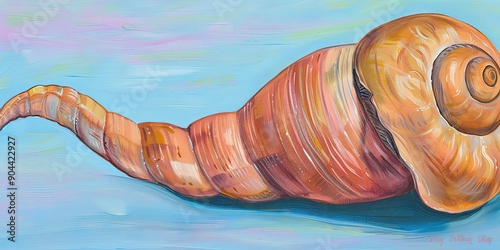 Whimsical painting of a colorful conch shell on a pastel background