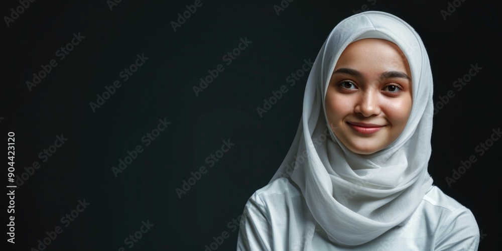 A young Muslim woman in a white hijab, smiling at the camera with confidence and poise. A young Muslim woman in a white hijab, smiling at the camera with confidence and poise.