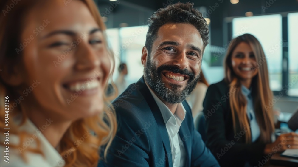 A group of happy professionals engaged in conversation. A group of happy professionals engaged in conversation.