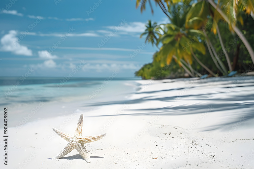 A serene tropical beach scene featuring a starfish on white sand, with clear blue waters and palm trees under a bright sky A serene tropical beach scene featuring a starfish on white sand, with clear blue waters and palm trees under a bright sky