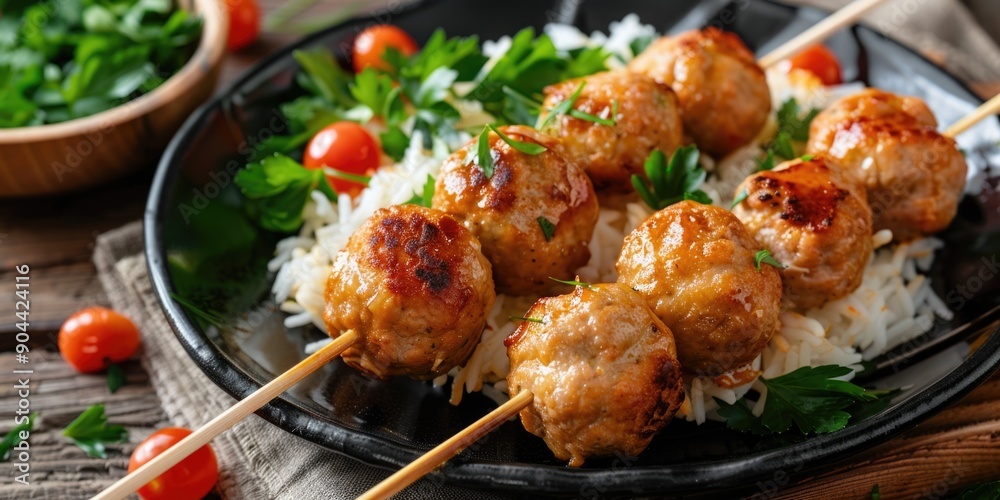 Greek-style lamb kebab served with a side of rice and tomato salad, ready to be cooked on wooden sticks. A delicious meal that's easy to prepare at home. Greek-style lamb kebab served with a side of rice and tomato salad, ready to be cooked on wooden sticks. A delicious meal that's easy to prepare at home.