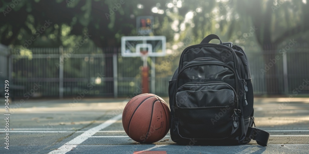 A basketball and backpack on a court, suggesting school or community sporting activities. A basketball and backpack on a court, suggesting school or community sporting activities.