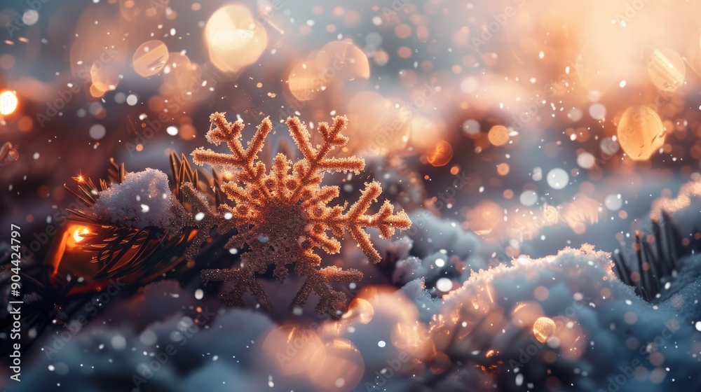 Close-up of a branch with evergreen needles, adorned with sparkling snowflakes during a magical winter night.
