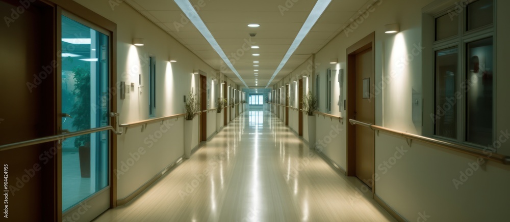 Fototapeta premium Empty Hospital Corridor with Light Reflecting on the Floor