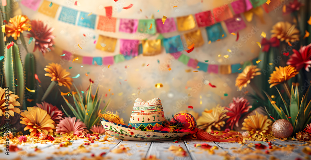 A colorful scene with a hat on a table and a bunch of flowers A colorful scene with a hat on a table and a bunch of flowers