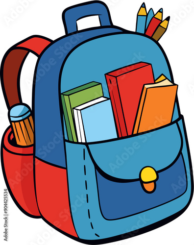 School backpack with books and pencils ESP vector isolated, on transparent background