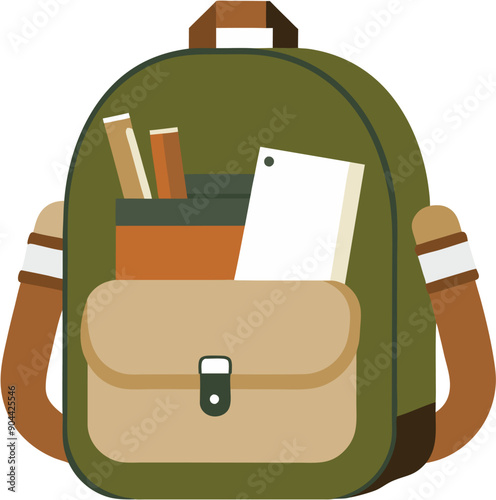School backpack with books and pencils ESP vector isolated, on transparent background