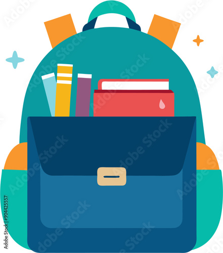 School backpack with books and pencils ESP vector isolated, on transparent background