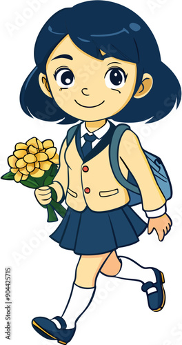 Girl schoolgirl with a briefcase runs to school with a bouquet for the teacher ESP vector drawing