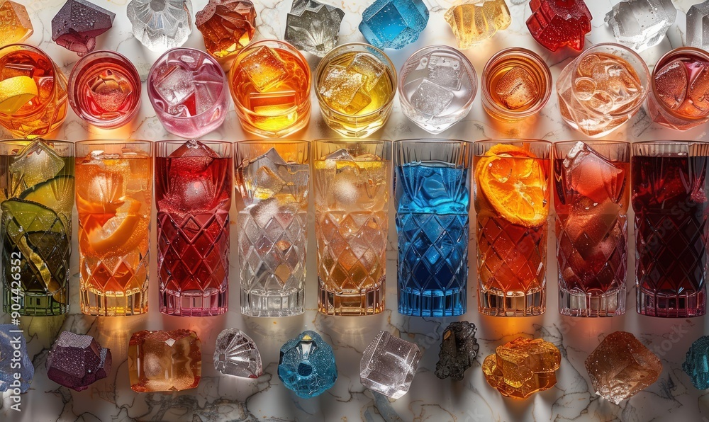 A top-down view of an array of colorful glass and crystal drinks on white background. A top-down view of an array of colorful glass and crystal drinks on white background.