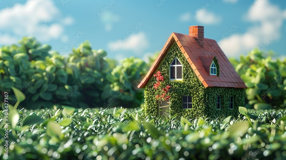 A red-roofed house stands amidst a field, adorned with ivy climbing its sides A red-roofed house stands amidst a field, adorned with ivy climbing its sides
