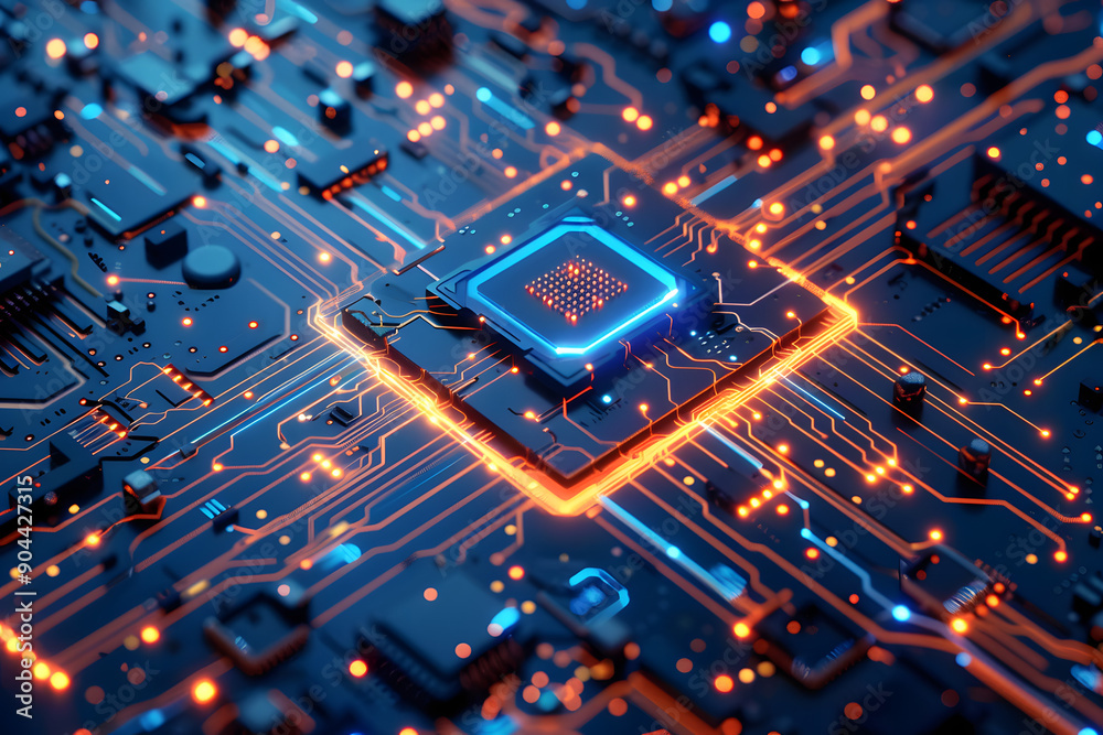A technological chip with many lines of illuminated circuits A technological chip with many lines of illuminated circuits