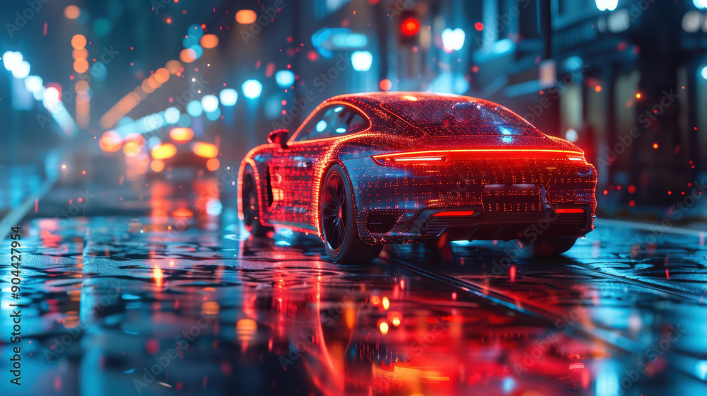 Sleek red sports car on a rainy night in an urban environment, showcasing a dynamic and energetic vibe. Sleek red sports car on a rainy night in an urban environment, showcasing a dynamic and energetic vibe.