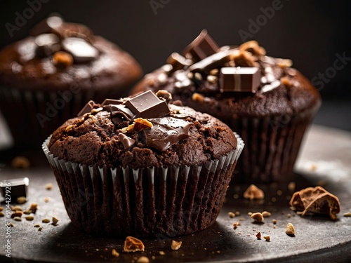 Closeup view of Delicious chocolate muffins on table. Mouthwatering chocolate muffins up close