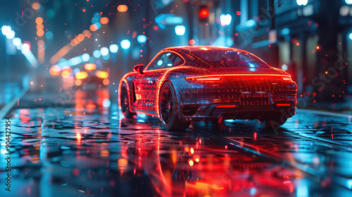 Sleek red sports car on a rainy night in an urban environment, showcasing a dynamic and energetic vibe.