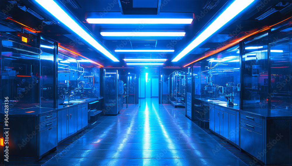 Fototapeta premium Futuristic laboratory with neon lights and metallic surfaces