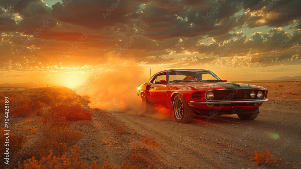 Red classic car driving into the sunset, symbolizing an adventurous journey and dynamic energy. Red classic car driving into the sunset, symbolizing an adventurous journey and dynamic energy.