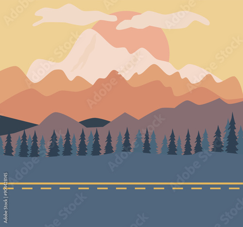 Vector background with nature. The route along the coniferous forest and mountains at sunset.