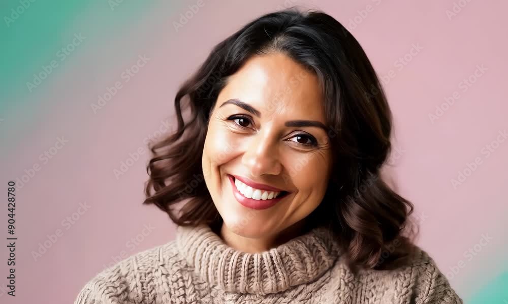 portrait of a Mexican woman in her 40s wearing a cozy sweater against a pastel or soft colors background portrait of a Mexican woman in her 40s wearing a cozy sweater against a pastel or soft colors background