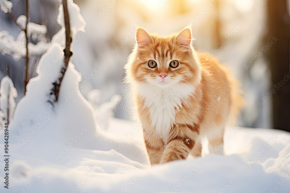 A fluffy kitten with white fur walking through a snowy landscape. A fluffy kitten with white fur walking through a snowy landscape.