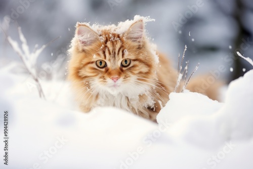 A fluffy kitten with white fur walking through a snowy landscape.