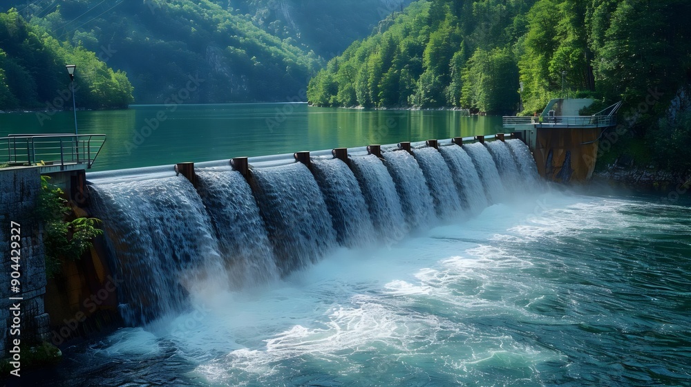A waterfall is flowing into a lake A waterfall is flowing into a lake