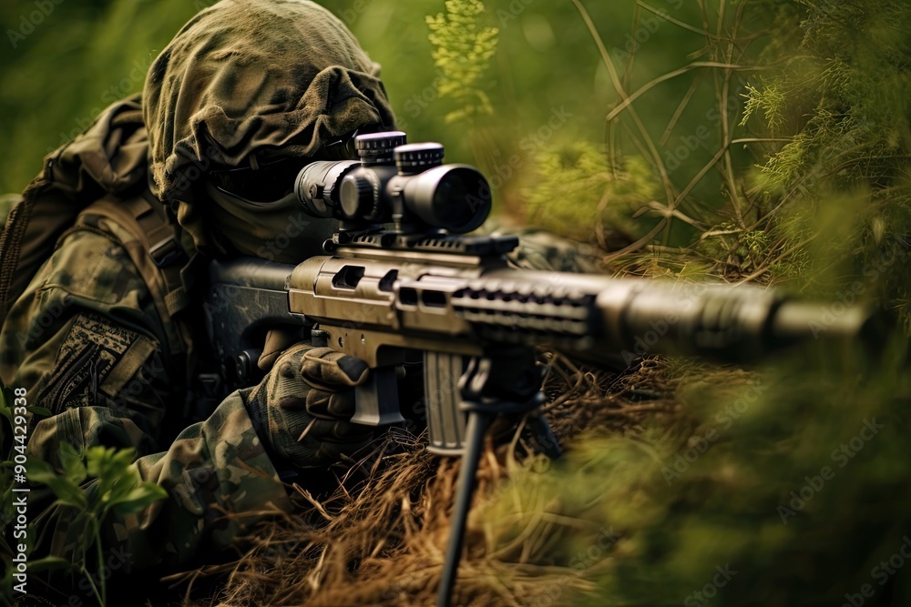A soldier in camouflage aiming a rifle. A soldier in camouflage aiming a rifle.