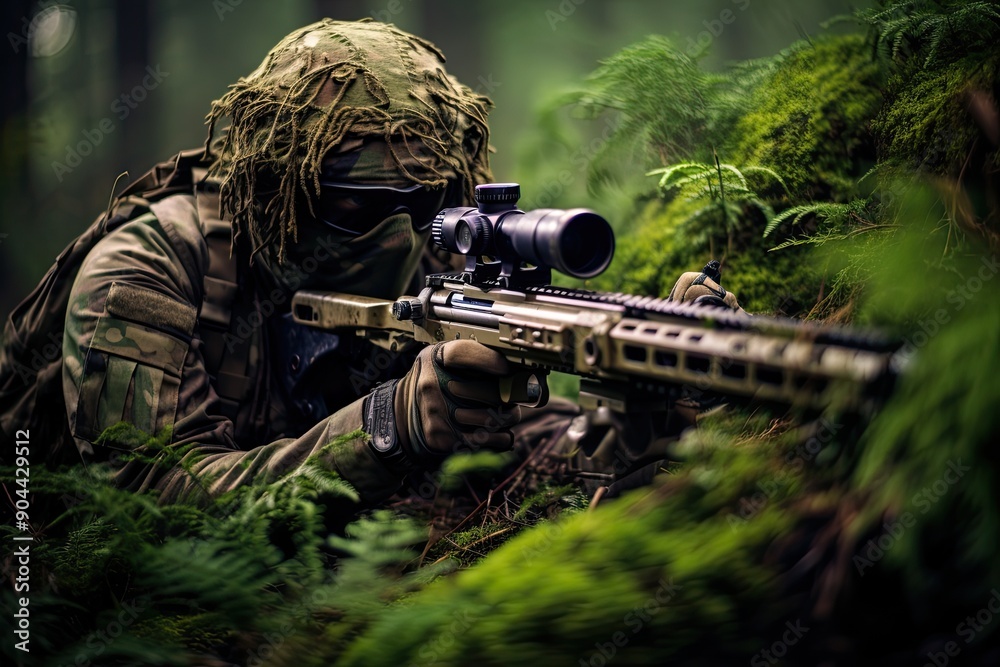 A soldier in camouflage aiming a rifle. A soldier in camouflage aiming a rifle.