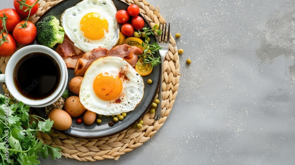 A vibrant breakfast features two sunny-side-up eggs on a plate with sweet potato, fresh herbs, and a small bowl of syrup alongside A vibrant breakfast features two sunny-side-up eggs on a plate with sweet potato, fresh herbs, and a small bowl of syrup alongside
